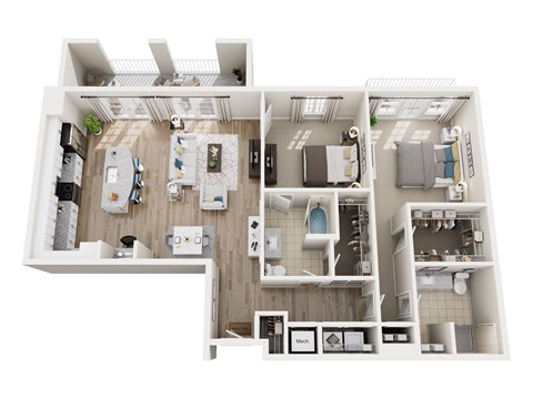 Floor plan for 2 beds, 2 baths, 1327 sqft
